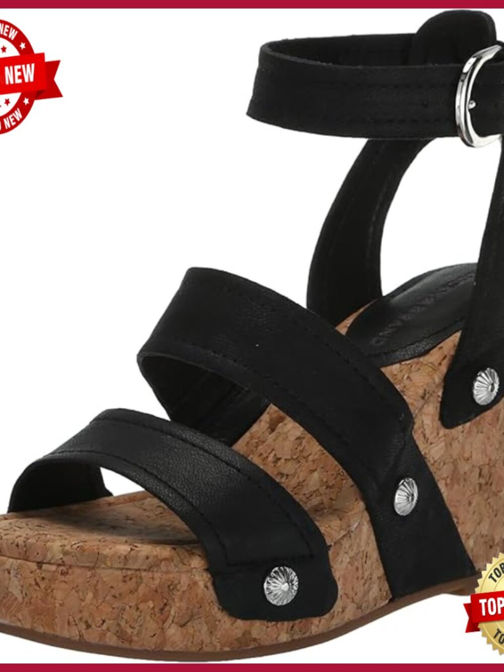 Studded Cork Wedge Sandals, Leather Upper, Ankle Strap, Casual Wear